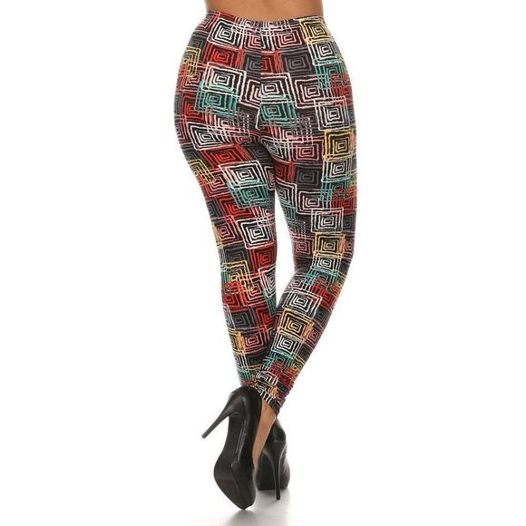 (Plus) Curvy Black Multi Abstract Geometric Pattern Print Leggings - Picture 3 of 5